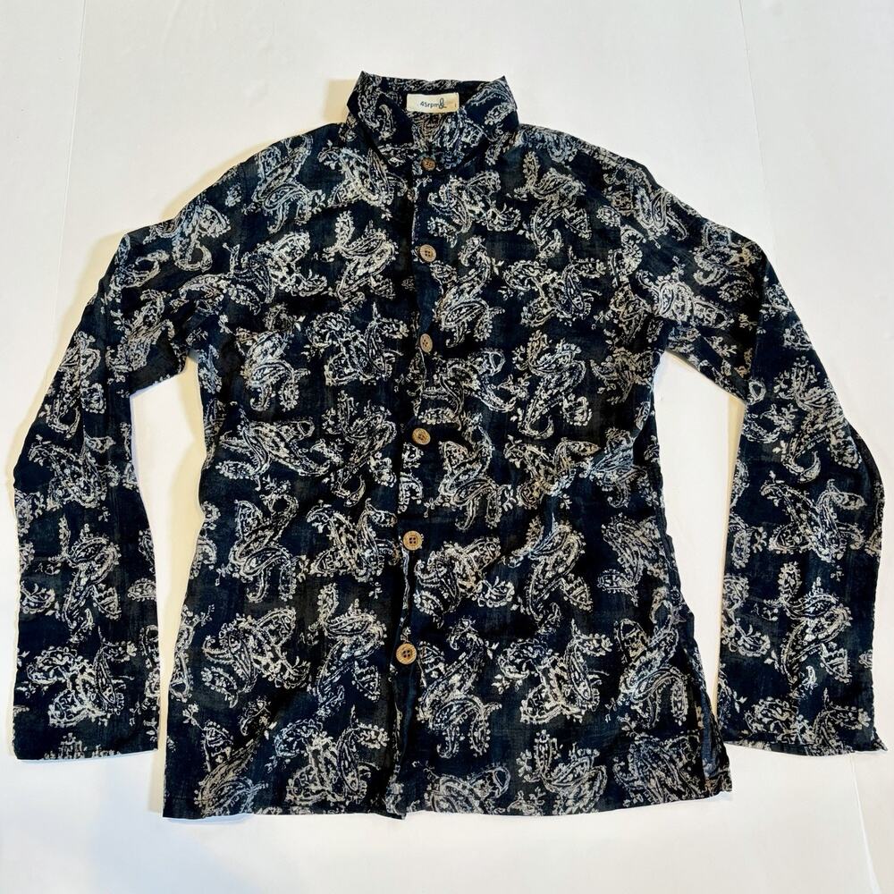 45 RPM 45R 100% Cotton Women's Button Up Blouse Black Paisley Shirt JAPAN Size 1